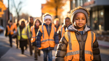 Children In Reflective Vests Walking In Line To City School.