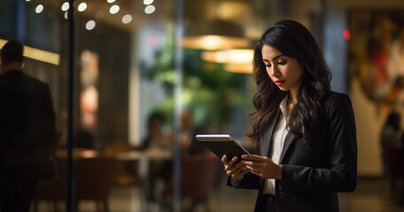 Wall Mural - An Asian businesswoman, dressed in a sharp suit, utilizes a tablet against the backdrop of a cityscape aglow with the soft lights of the night.