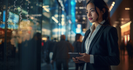 Wall Mural - An Asian businesswoman, dressed in a sharp suit, utilizes a tablet against the backdrop of a cityscape aglow with the soft lights of the night.