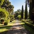 a pedestrian path next in the middle of a garden of a villa. Landscape concept