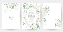 Floral Eucalyptus Selection Vector Frames. Hand Painted Branches, White Flowers, Leaves On White Background