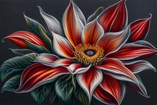 A Painting Of A Flower On A Gray Background, An Airbrush Painting By Earnst Haeckel, Trending On Zbrush Central, Cloisonnism, High Detail, Detailed Painting, Biomorphic, Red 