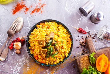 Wall Mural - National Uzbek pilaf with meat,. background image.