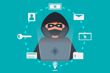 Hacker or Cyber criminal with laptop stealing user personal data. Internet phishing concept vector illustration.