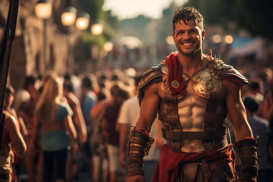 a street performer dressed as a Roman gladiator