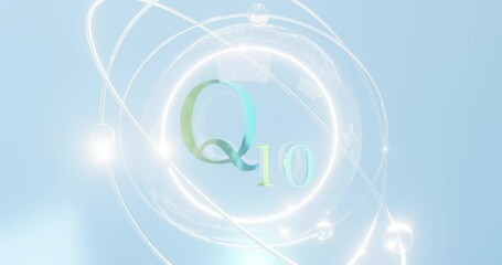 Wall Mural - coenzyme q10 symbol, liquid drop with rotating atoms and orbitals, vitamin coQ10, ubiquinone-10, 3d rendering