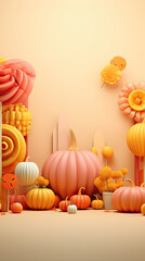 Wall Mural - 3d render orange background with pumpkins and halloween decoration on it.