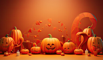 Wall Mural - orange background with pumpkins and halloween decoration on it.