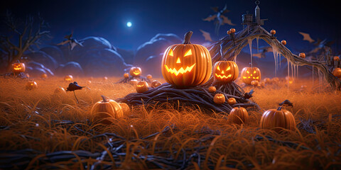 Wall Mural - halloween 3d render background with pumpkin lanterns. 