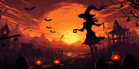 Wall Mural - halloween background with pumpkins and witch.