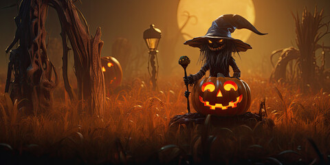 Wall Mural - halloween 3d render background with pumpkin and bats and witch. 