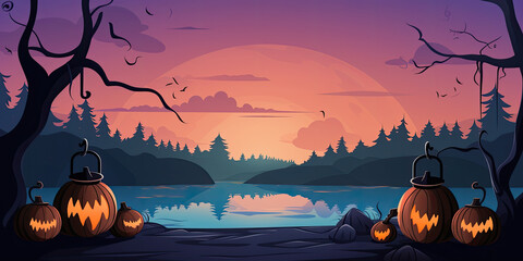 Wall Mural - halloween night with pumpkins and bats on a poster.