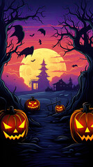 Wall Mural - halloween night with pumpkins and bats on a poster.