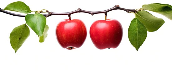 Wall Mural - Two red apples with green leaves suspended on a white background