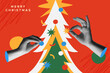 Human hands holding ornaments on christmas tree in collage retro style vector design