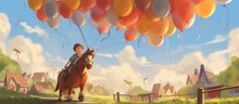 simple illustration of a child playing with lots of big balloons and a horse-drawn carriage