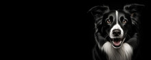 Portrait Of A Border Collie Dog Isolated On Black Background Banner With Copy Space