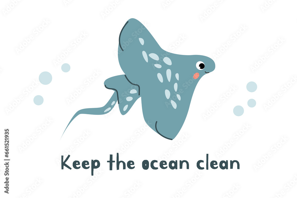 Stringray Getting Cleaned cute stingray and text keep the ocean clean card Stock Vector | Adobe Stock