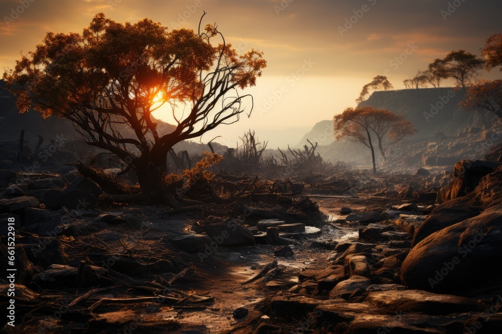 Stock-Foto „A stark image of a forest ravaged by a recent wildfire ...