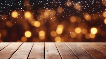 Poster - Wooden table with bokeh background. Christmas and New Year concept