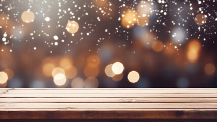 Poster - Wooden table against christmas background with bokeh lights and snow