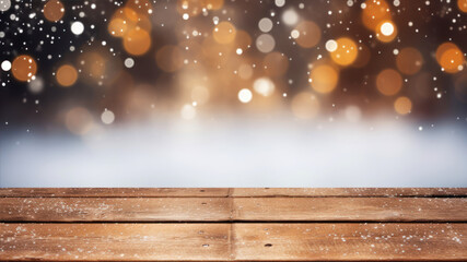 Poster - Wooden table against snow falling against christmas themed bokeh