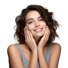 Joyful Lady Touch Hands Cheeks Complexion Enjoy Aesthetic Ideal Perfect Skin Staring Camera Isolated On Transparent Background, Clip Art Transparent Background
