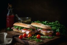 Classic Italian Sandwich With Peppery Arugula, Mortadella, And Juicy Tomatoes, Served On Toasted Baguette On A Rustic Wooden Board. Generative AI