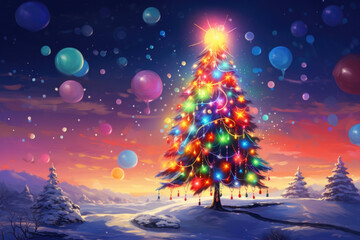 A dazzling tree adorned with rainbow lights, standing proudly in a snow-covered meadow, evoking a sense of wonder and celebration