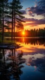 Fototapeta Zachód słońca - Beautiful landscape with stones in a mountain lake, reflection, blue sky and yellow sunlight at sunrise.