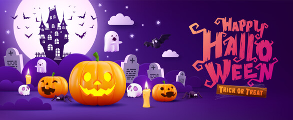 Wall Mural - Halloween Promotion Poster or banner template.Halloween night seen with big Moon, Pumpkin ghost,cute ghost,cartoon skull and halloween elements. Website spooky or banner template.Vector illustration