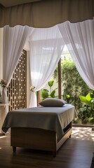 Poster - Modern massage, Bali touch: spa room with minimalist appeal, soft light through curtains