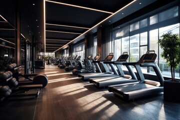 Poster - Sunlit spa gym: modern interior with state-of-the-art exercise equipment, exuding vibrant energy