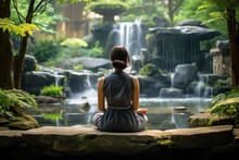 Woman In Lotus Pose: Tranquil Meditation Garden Backdrop With Verdant Greenery And Zen Decor