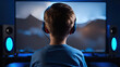 Child gaming on desktop playing addictive online video game at home in his room.Generative AI