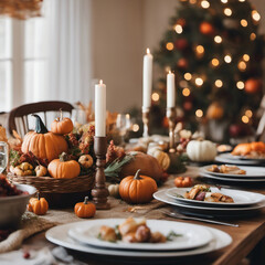 Close-up of large wooden farmhouse table in modern American home decorated with traditional Thanksgiving holiday food and decor and lit tree in background