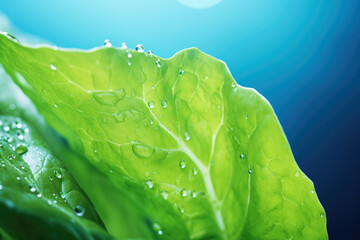 Wall Mural - Close up of fresh green lettuce leaf with water drops on blue background
