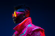 Portrait of  Fashion African man with neon costume and glasses in style of retro futurism, colorful bright cool look