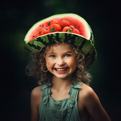 Wall Mural - Portrait of a girl wearing a watermelon as a hat on her head, on a green background.