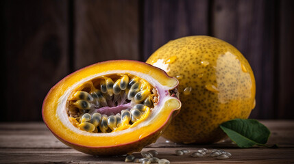 Wall Mural - exotic fruit granadilla on wood background 