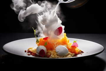 Wall Mural - Beautifully presented Michelin star restaurant dish on a plate, black background. Refined and elegant cuisine, fine dinning 