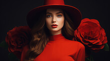 An Outstanding Portrait Of A Lady In An Elegant Red Hat With Red Lipstick, Dressed In A Luxurious Red Evening Gown. In The Background, Red Roses Add A Touch Of Passionate Elegance