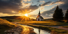 Beautiful Sunset In The Mountains With A Small Church And A Stream