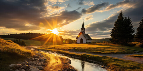 beautiful sunset in the mountains with a small church and a stream