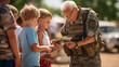 A veteran showing war memorabilia to a group of curious children, blurred background