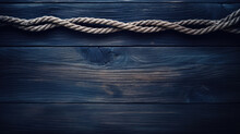 White Rope On Dark Blue Wood Background, Copy Space