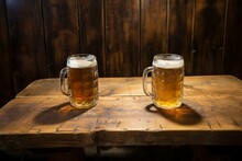 A wooden table hosts two pitchers of beer. Generative AI