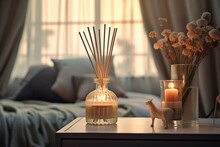 Aromatic diffuser in a comforting room, cozy setting with lovely scent, blurred surroundings. Generative AI