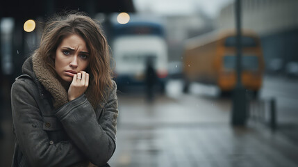 Wall Mural - Young single woman on a city street. Autumn Depression, loneliness in the big city. 