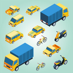 Wall Mural - Vector flat isometric high quality city transport car icon set. urban public and freight transport. for infographics, design and game